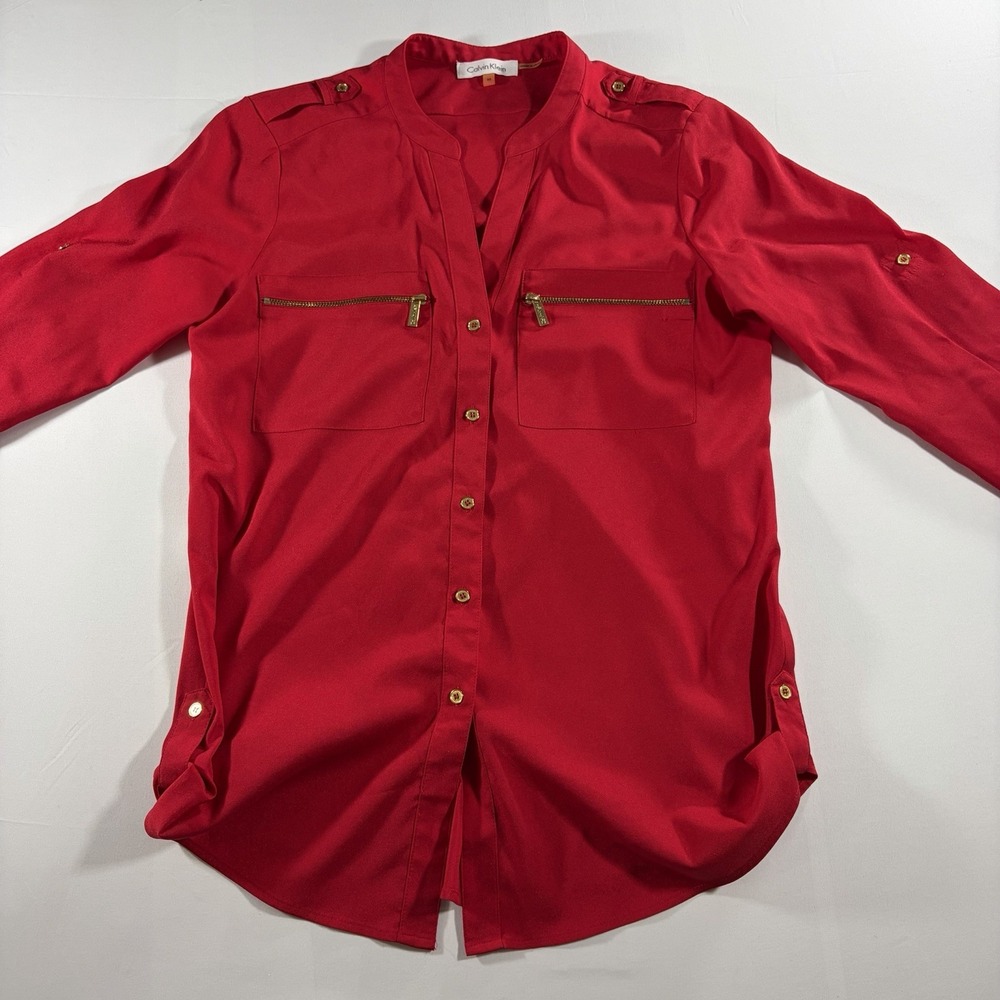 Calvin Klein Women's XS Red Utility Blouse Gold Zip Pocket Button Shirt Roll Tab